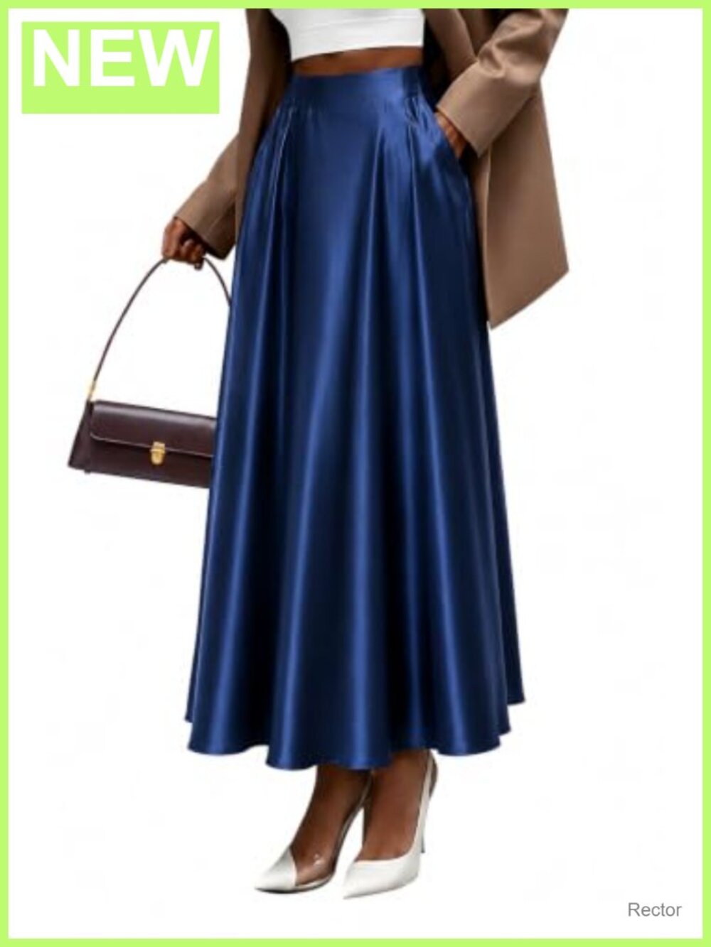 Satin Maxi Skirt Flared A-Line Long High Waisted with Pockets